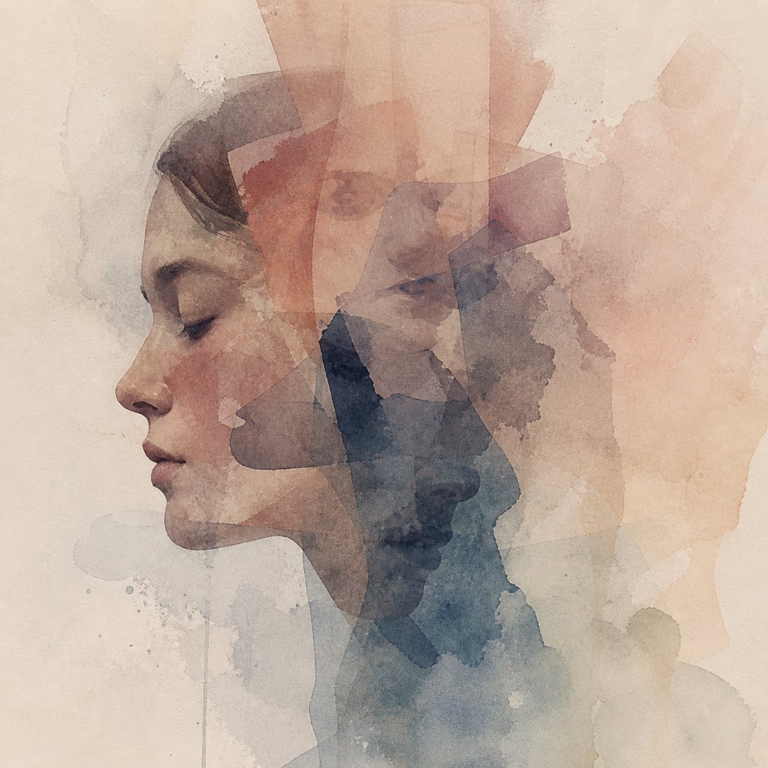 Watercolor portrait of a woman in profile, layered in clay, rose and slate washes